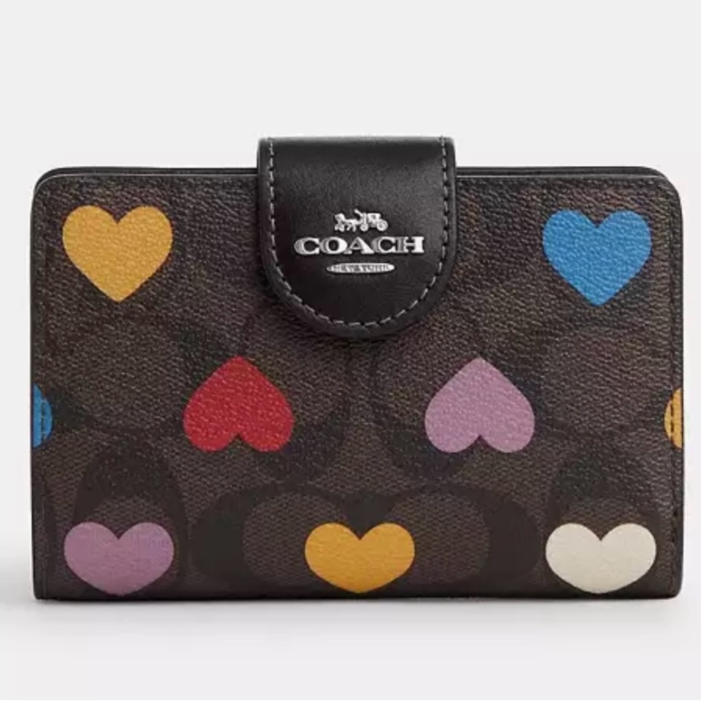 Coach Medium Corner Zip Wallet In Signature Canvas With Heart Print